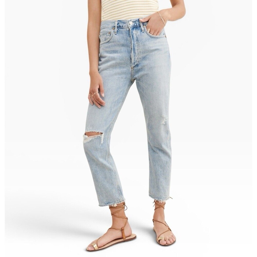 Agolde Riley High Rise Straight Crop Denim Jeans Button Fly Distressed Size 25